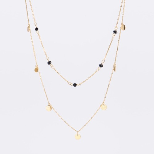 Multi gold disc charm and black bead station layered necklace