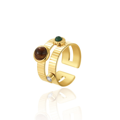 Trendy Double C STAINLESS STEEL OPEN RINGS inlayed with Malachite and Tigerite / Bague en acier inoxydable