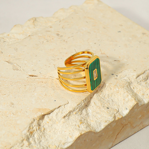 Retro Rectangle Malachite STAINLESS STEEL OPEN RINGS inlayed with Zircon / Bague en acier inoxydable