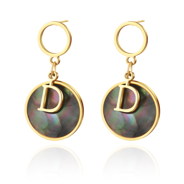 D Letter STAINLESS STEEL EARRINGS inlayed with Mother of pearl / Boucle d'oreilles en acier inoxydable