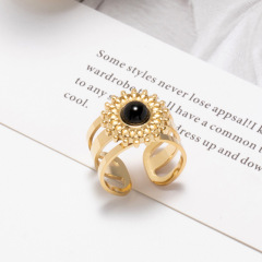 WHOLESALE Elegant Sunflower Natural Stone STAINLESS STEEL OPEN RINGS / Bague en acier inoxydable