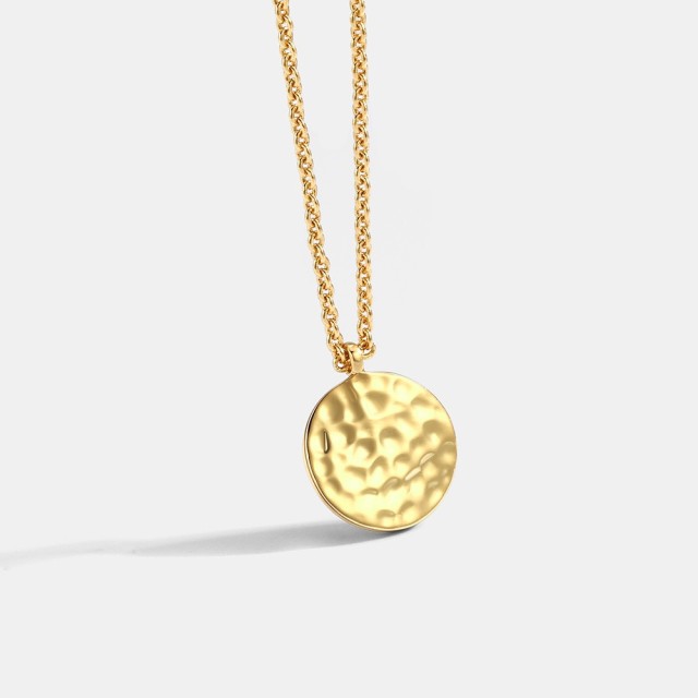 14k gold plated hammered disc minimalist necklace in brass