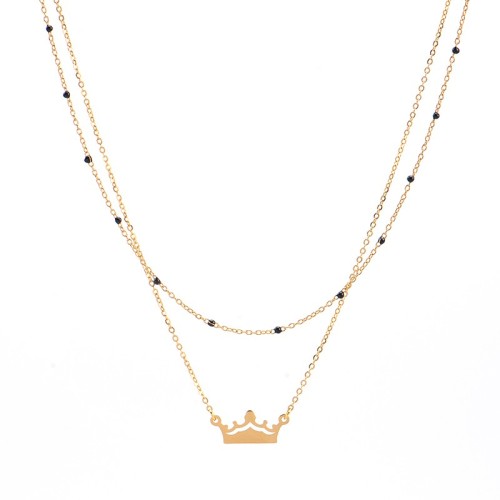 Crown pendant with black resin bead chain layered necklace