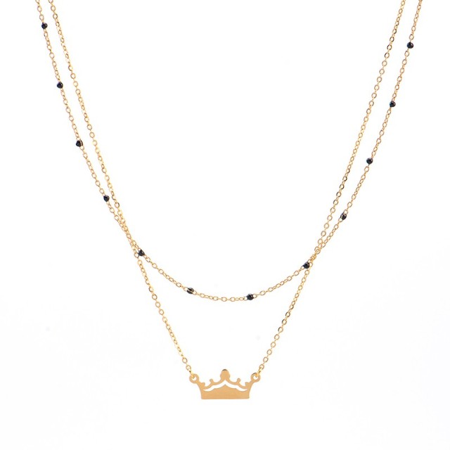 Crown pendant with black resin bead chain layered necklace