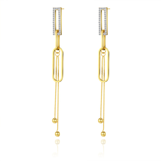 Elliptical Ring Gold Ball STAINLESS STEEL CHAIN TASSELS EARRINGS inlayed with Rhinestone / Boucle d'oreilles en acier inoxydable