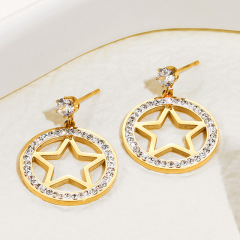 Circle Ring Five-Pointed Star STAINLESS STEEL STUD EARRINGS inlayed with Rhinestone / Boucle d'oreilles en acier inoxydable