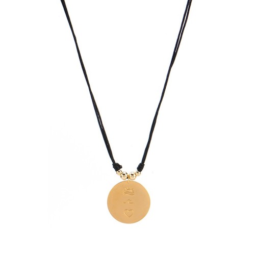 Cord necklace with gold plated disc three symbols sun wave heart