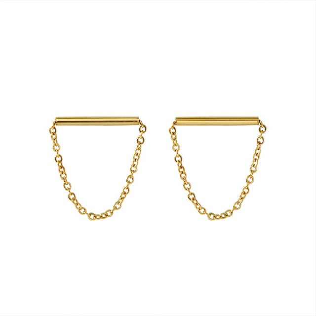 Horizontal bar with chain earrings in gold plating stainless steel