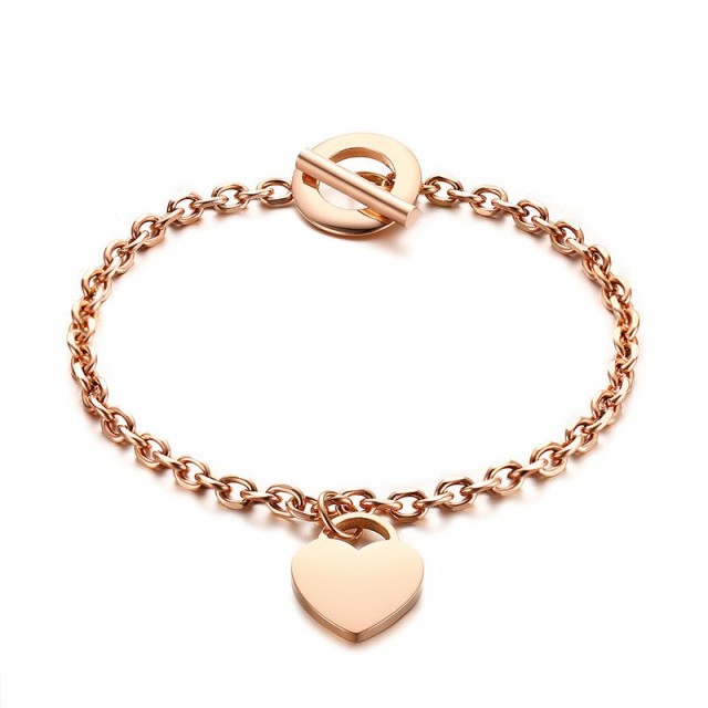 Rose gold plating minimalist toggle bracelet with heart lock tag B-498