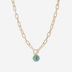 Stainless steel cable chain toggle necklace with turquoise disc and shell charm