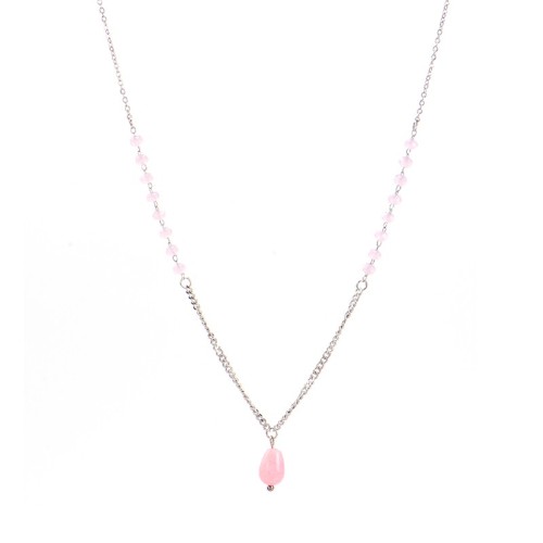 Rhodochrosite dew pendant necklace with pink glass beaded chain