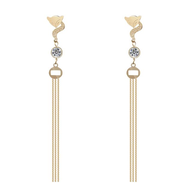 Fox Chain Tassels STAINLESS STEEL EARRINGS inlayed with Rhinestone / Boucle d'oreilles en acier inoxydable