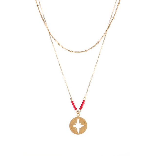 Gold plated compass medallion necklace with red bead bar each side