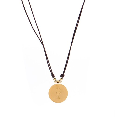 Cord necklace with gold plated disc three symbols hill sheep tree