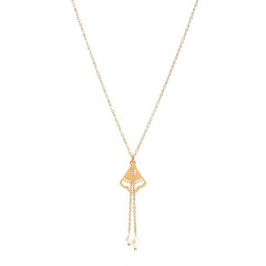 Ethnic fan charm with double pearl drops lariat necklace