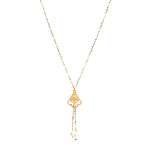 Ethnic fan charm with double pearl drops lariat necklace