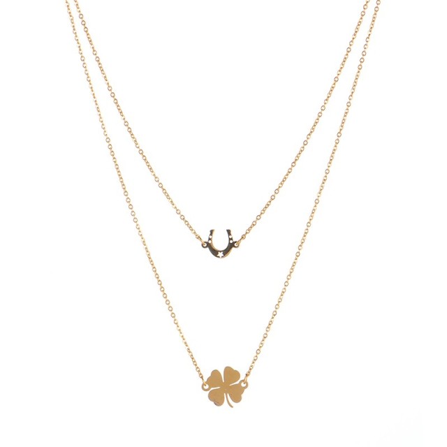 Horse shoe and clover lucky symbol double strands necklace