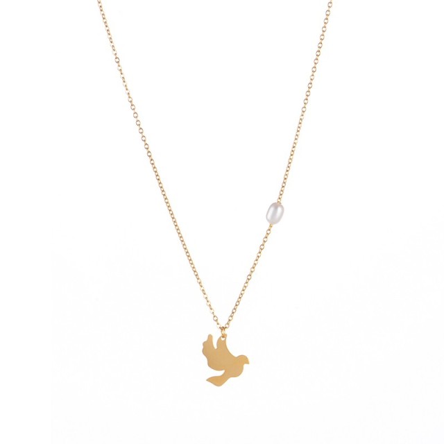 Gold plating stainless steel Dove pendant necklace with pearl station