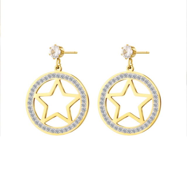 Circle Ring Five-Pointed Star STAINLESS STEEL STUD EARRINGS inlayed with Rhinestone / Boucle d'oreilles en acier inoxydable