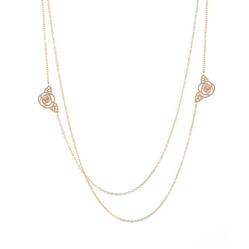 Double rose flower layered necklace in gold plating