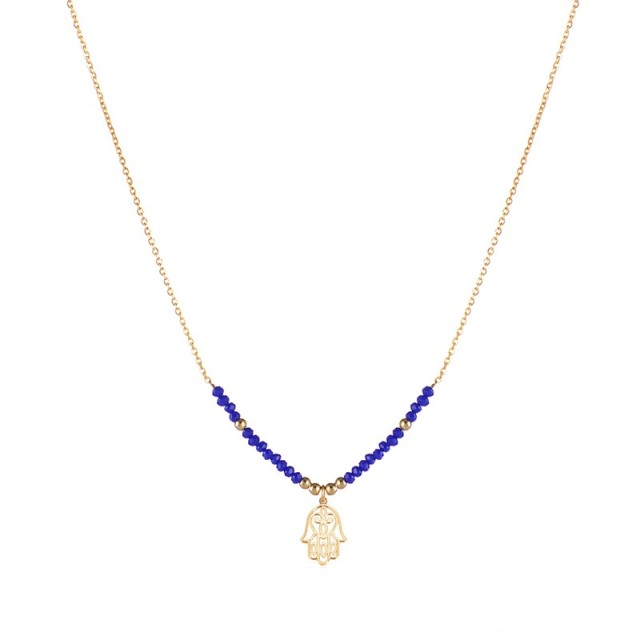 Blue bead bar necklace with hamsa charm in gola plating stainless steel