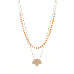 Art deco style ginkgo leaf with orange beaded chain layered necklace