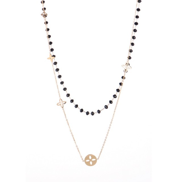 Monogram flower charms and black glass bead chain layered necklace