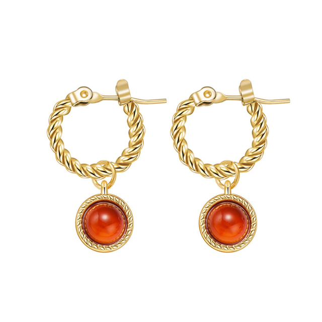 Vintage twist ear hoops Round Pendant Earrings with natural stone / Boucle d'oreilles en acier inoxydable